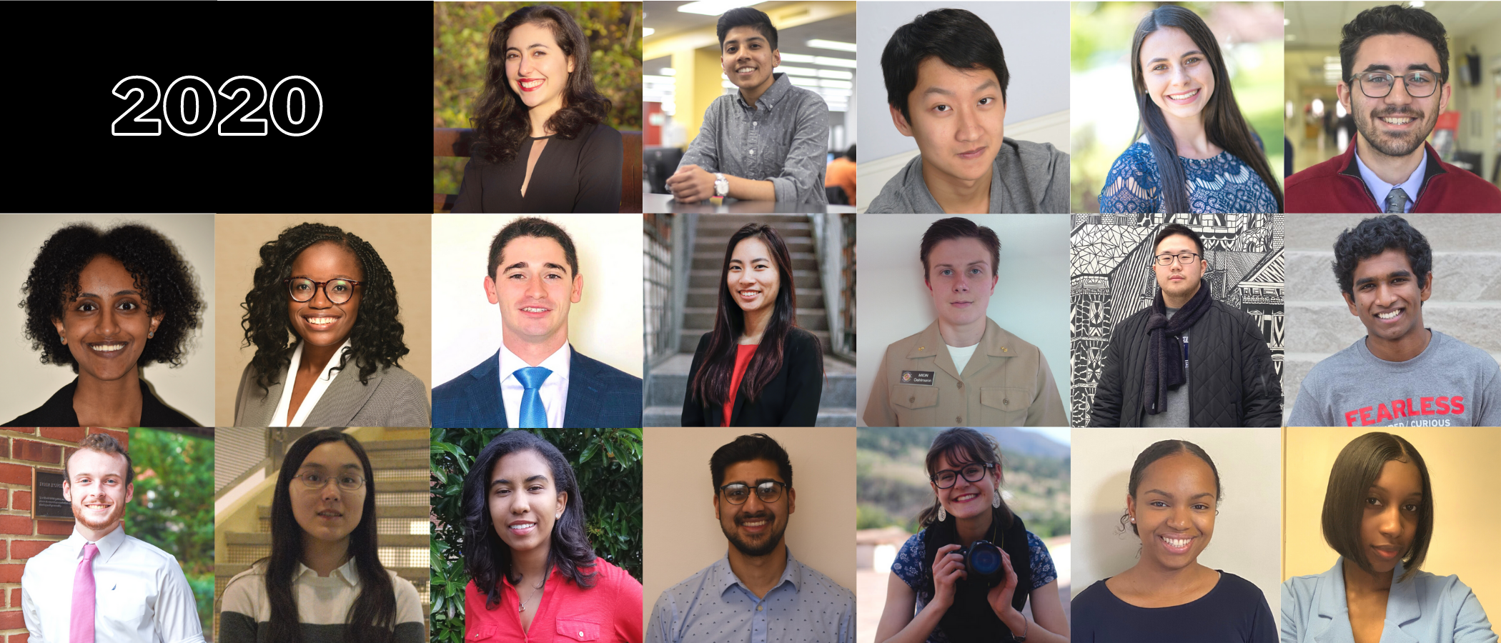 Merrill 2020 Scholars photo collage, 7 by 3 grid